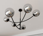 Plafondlamp gepoedercoat staal en glas Hunter zwart, grafiet kappen, 6 lichtpunten, 89 x 63 cm, eettafel of keukeneiland