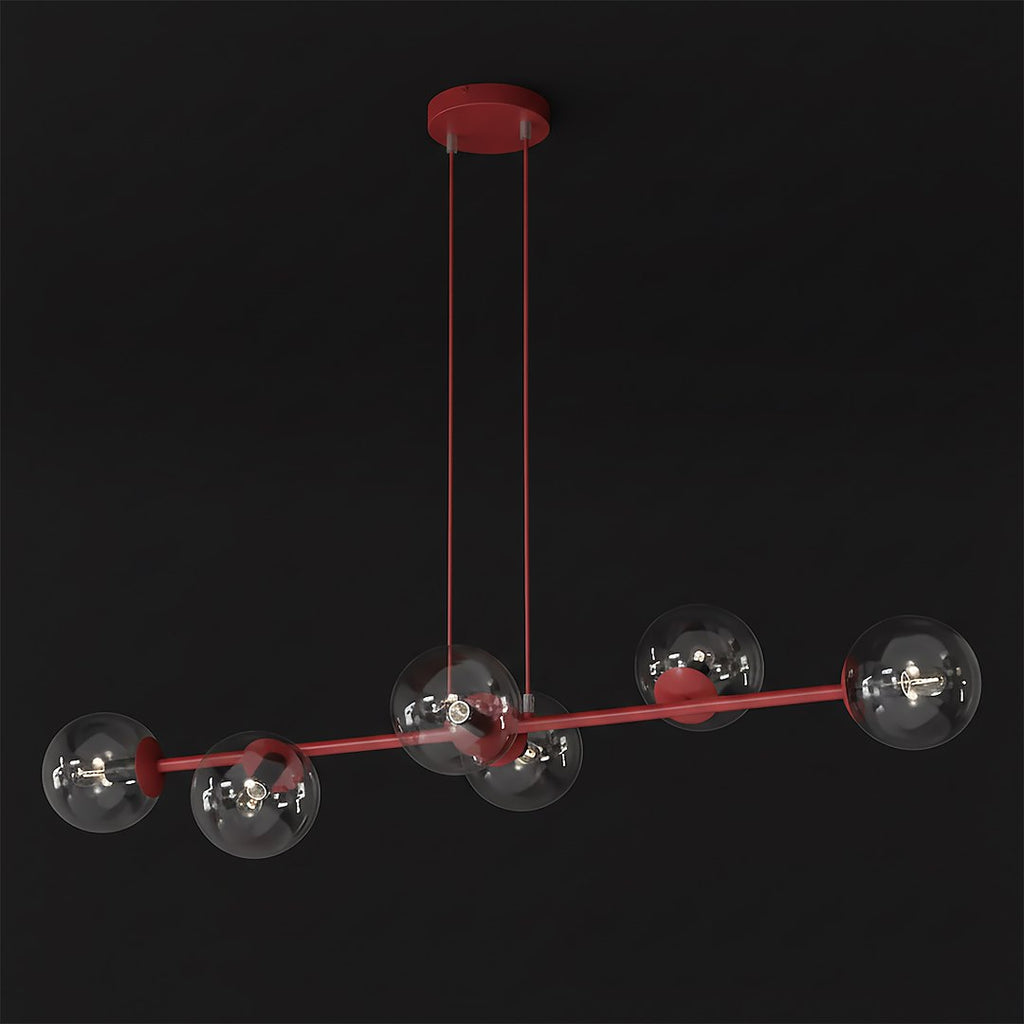 Hanglamp gepoedercoat staal en glas Magnus, bordeaux met transparante glazen kappen, 6 lichts, 110 cm breed