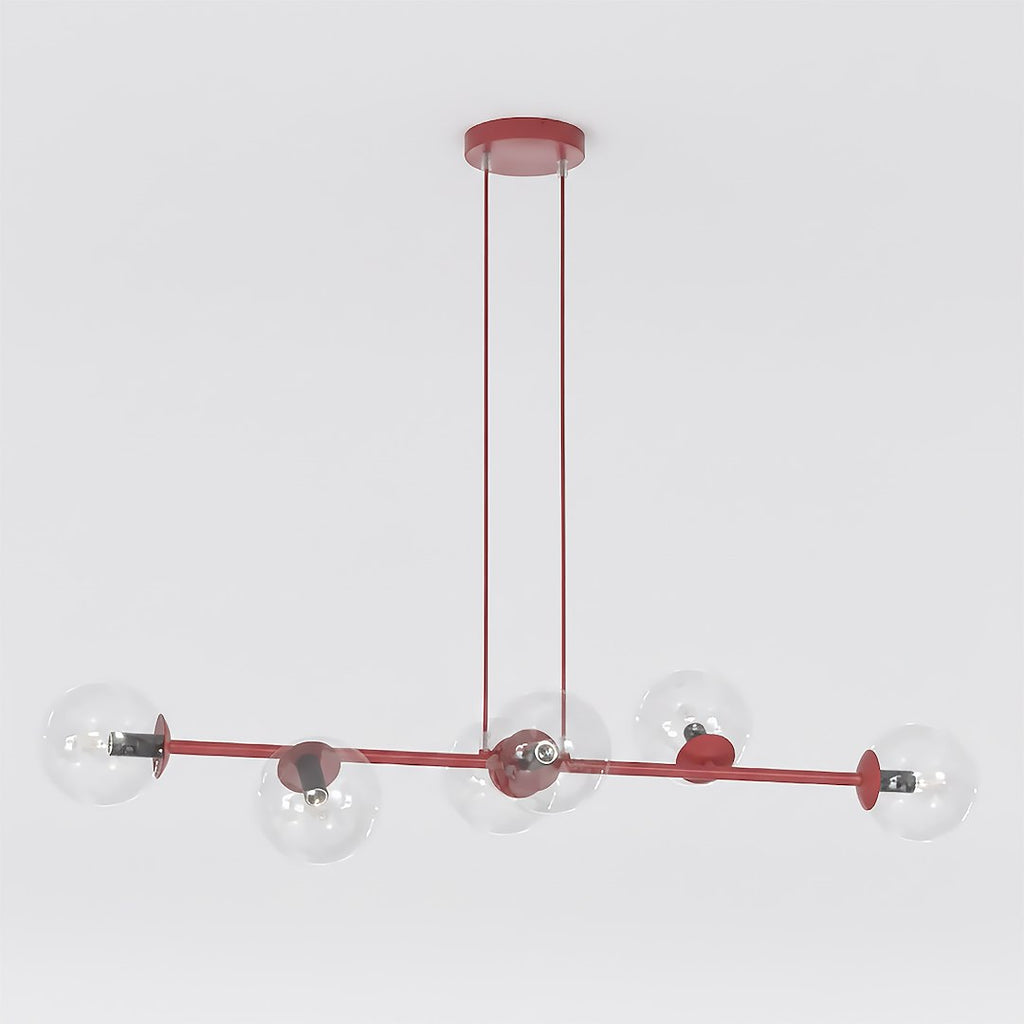 Hanglamp gepoedercoat staal en glas Magnus, bordeaux met transparante glazen kappen, 6 lichts, 110 cm breed