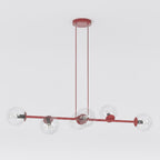 Hanglamp gepoedercoat staal en glas Magnus, bordeaux met transparante glazen kappen, 6 lichts, 110 cm breed