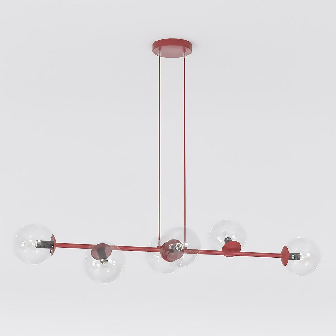 Hanglamp gepoedercoat staal en glas Magnus, bordeaux met transparante glazen kappen, 6 lichts, 110 cm breed