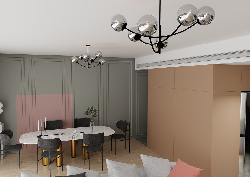 Plafondlamp gepoedercoat staal en glas Hunter zwart, grafiet kappen, 6 lichtpunten, 89 x 63 cm, eettafel of keukeneiland