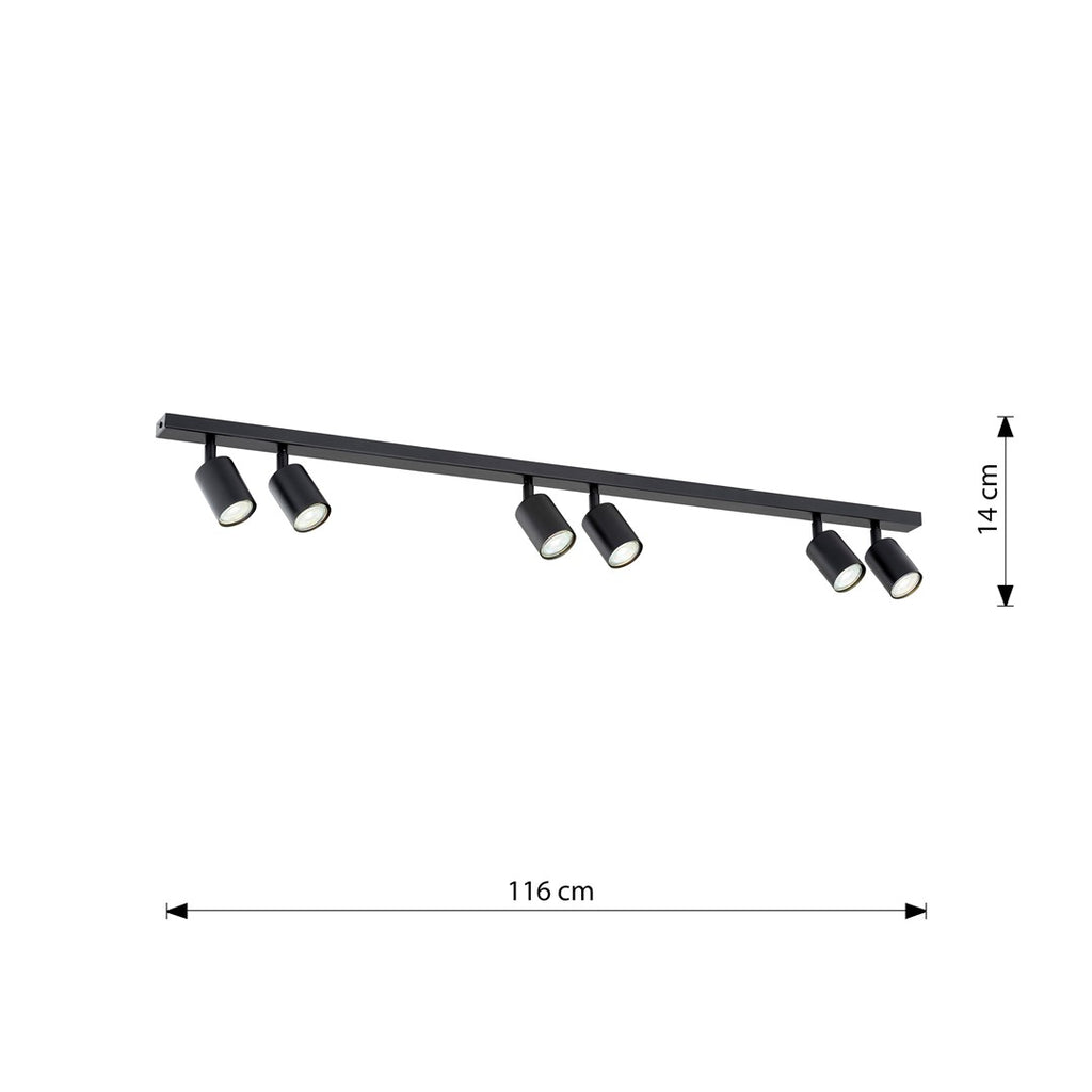 Plafondlamp staal Flash minimalistisch zwart 116 cm, 6 spots met GU10-fitting voor woonkamer of keuken