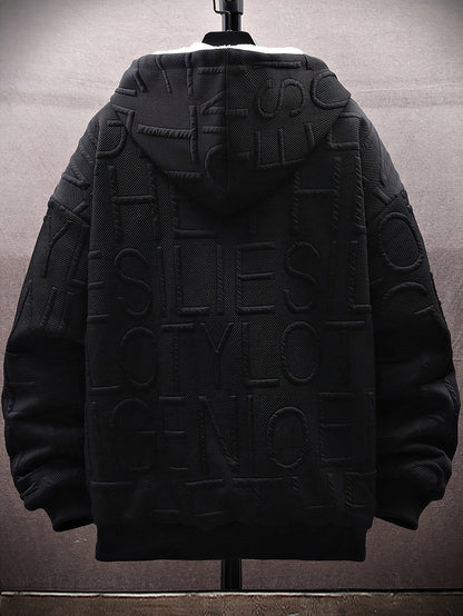 Unisex hooded jacket with fleece lining and raised lettering, zipper, kangaroo pockets, in black