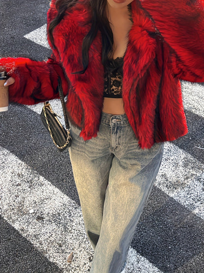Short faux fur jacket, red and black patterned, with a wide collar