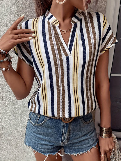 Women's summer blouse shirt with stripes and V-neck, elegant casual look