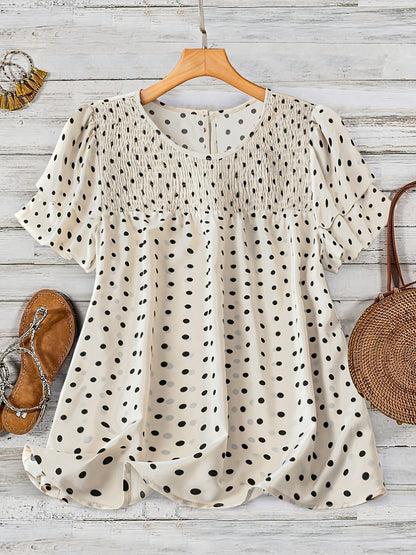 Women's blouse with dots, elegant, short-sleeve, summer, casual & office
