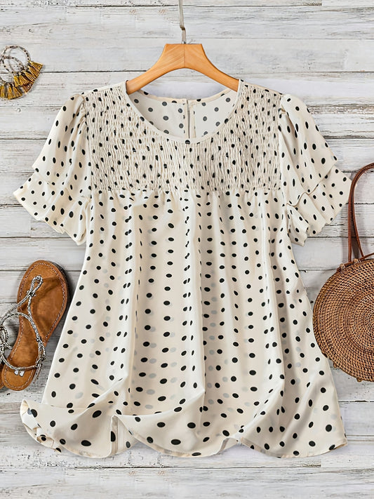 Women's blouse with dots, elegant, short-sleeve, summer, casual & office