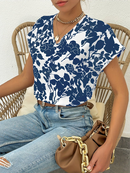 Women's Elegant Summer Blouse Shirt with Floral Pattern and V-Neck, Casual Wear