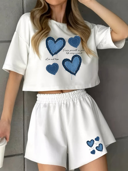 Damen Pyjama-Set mit Herz-Print – Lockeres Freizeit-Outfit für Zuhause und Schlaf