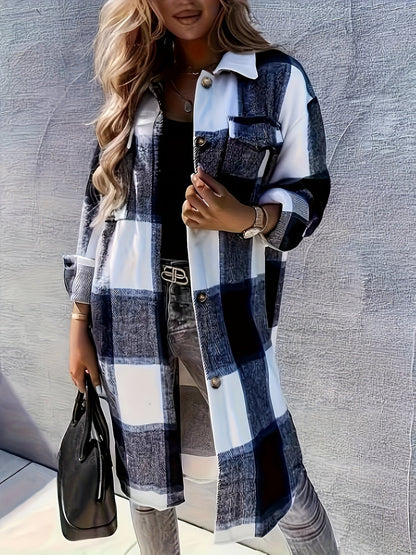 Women's Long Checked Oversize Shacket in Casual Look for Spring and Autumn