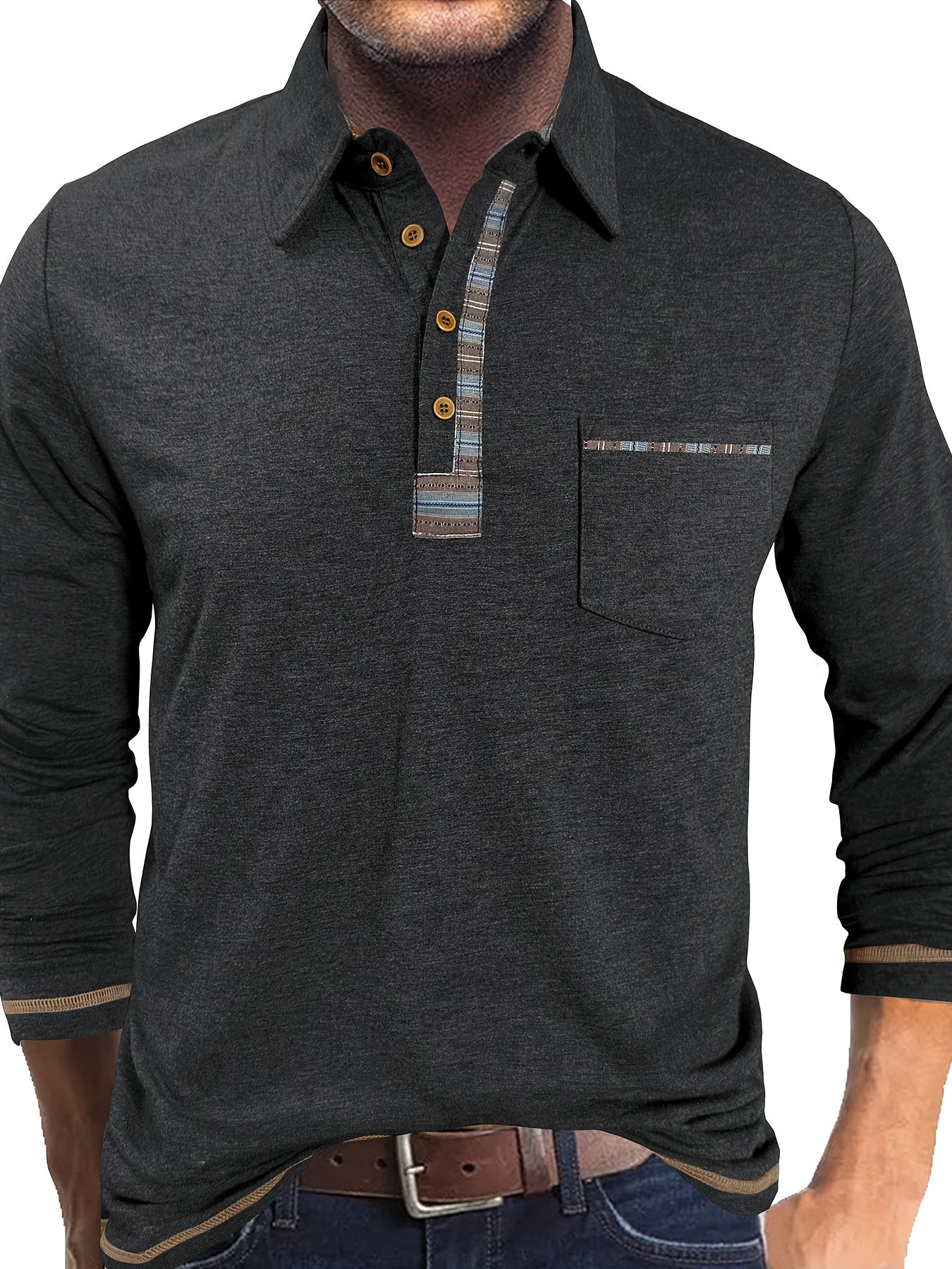 Men's long-sleeved polo shirt with chest pocket and patterned details