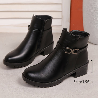 Women's ankle boots with decorative buckle and zip, lug sole, block heel
