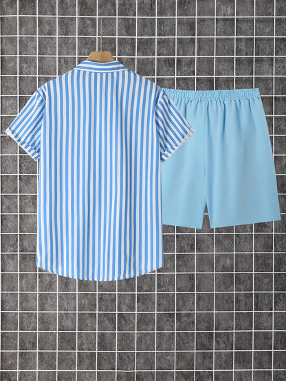 Men's Summer Set – Modern Casual Outfit with Striped Short-Sleeve Shirt and Shorts, Ideal for Vacation & Everyday Wear