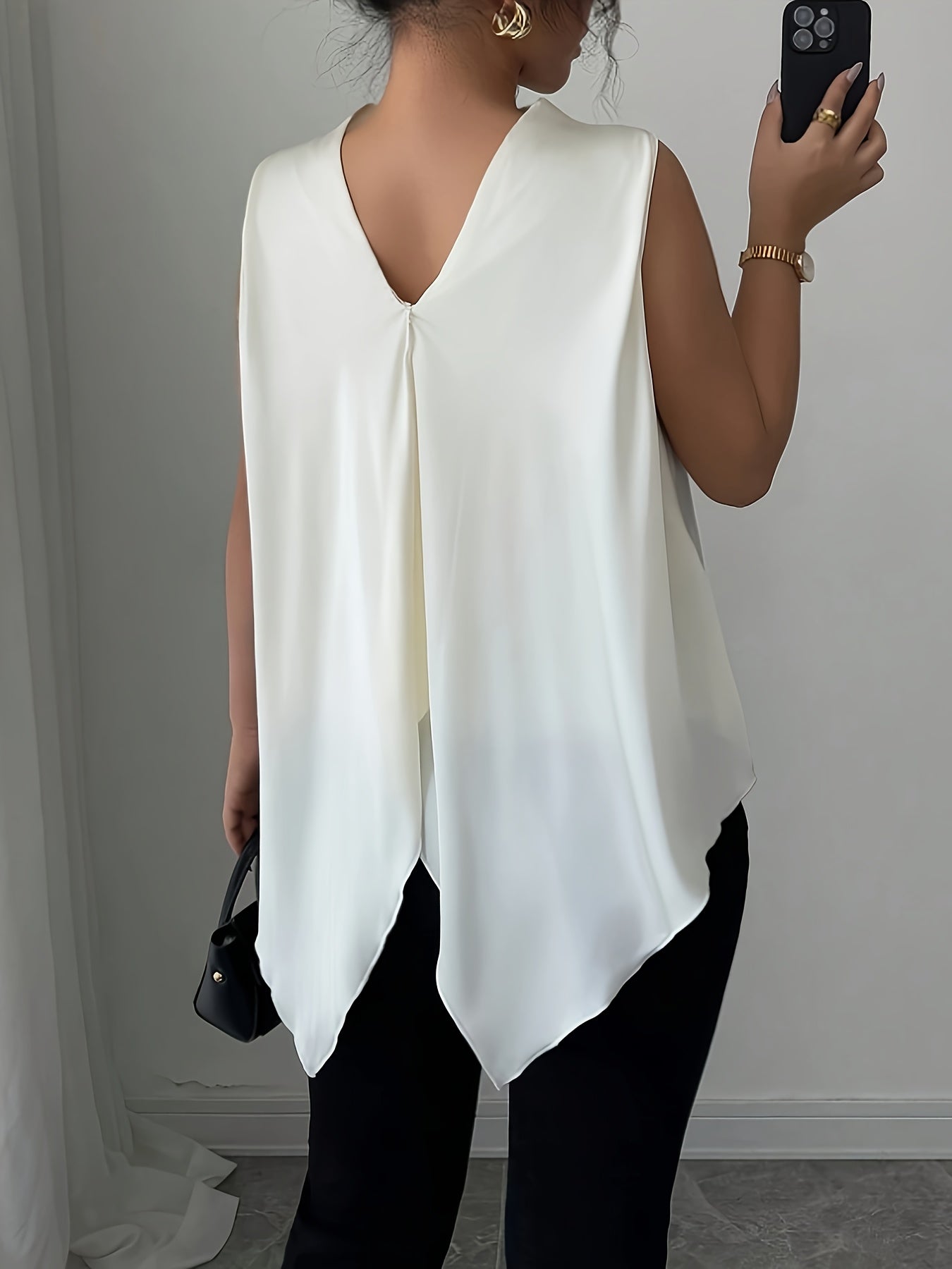 Women's sleeveless blouse with elegant waterfall neckline – Modern office & evening outfit