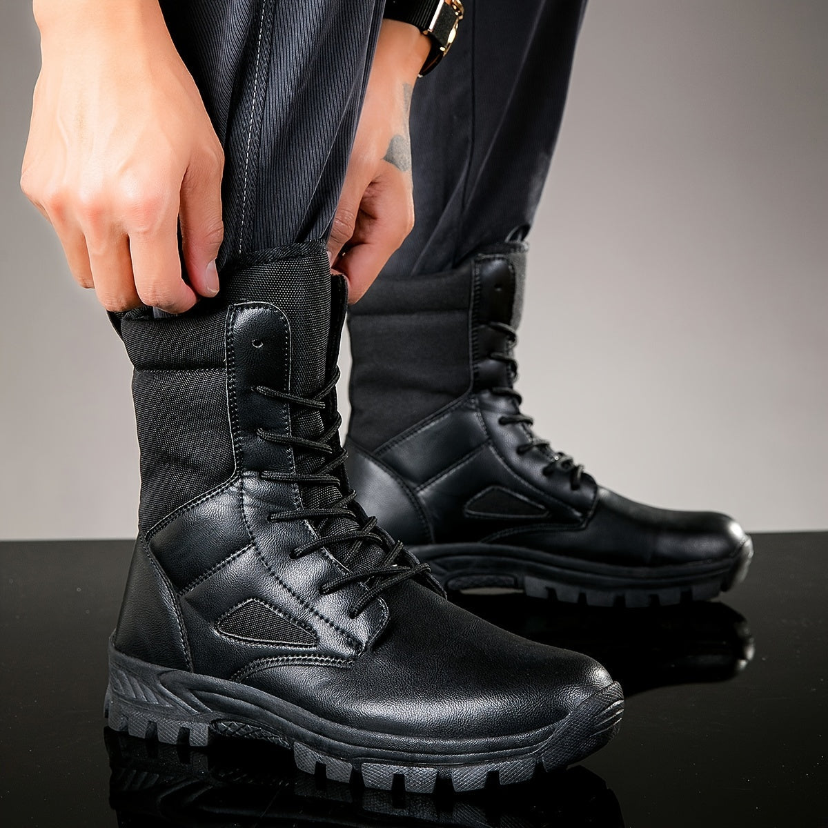 Men's lace-up boots with a high shaft and durable sole