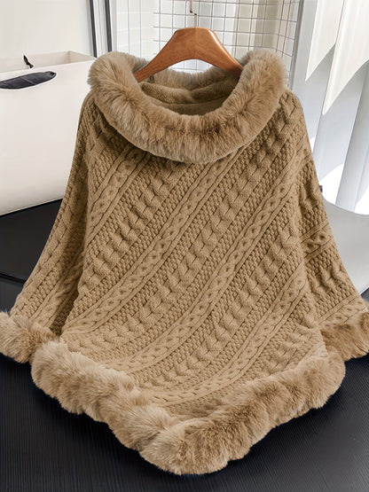 Poncho Damen Strick Zopfmuster mit Kunstpelzbesatz Marineblau