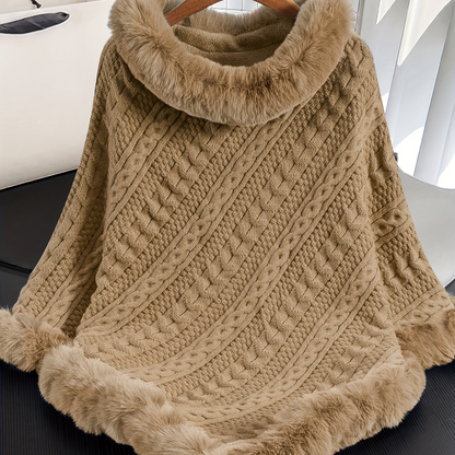 Poncho Damen Strick Zopfmuster mit Kunstpelzbesatz Marineblau