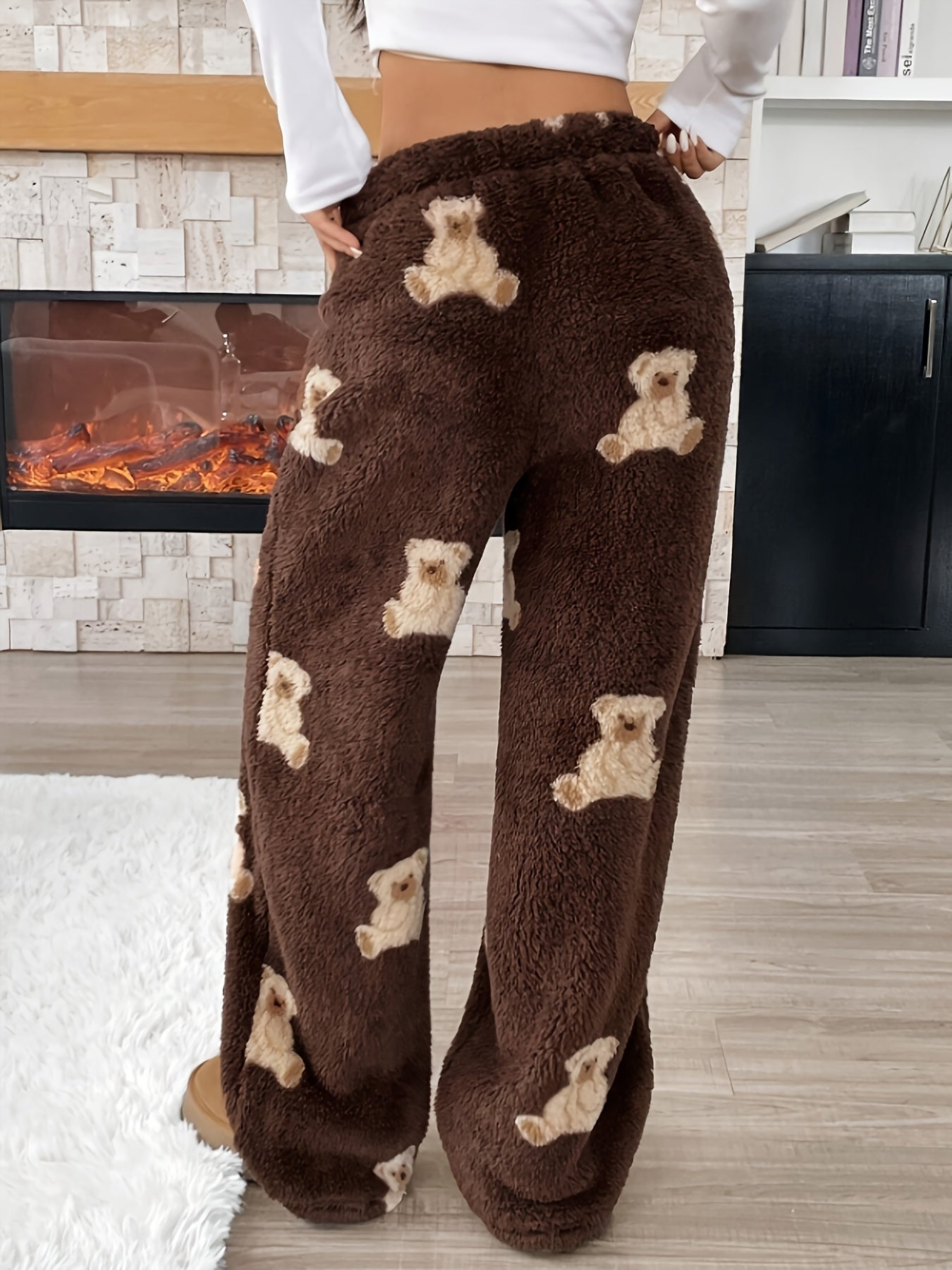 Plush pants, brown teddy bear pattern, wide leg