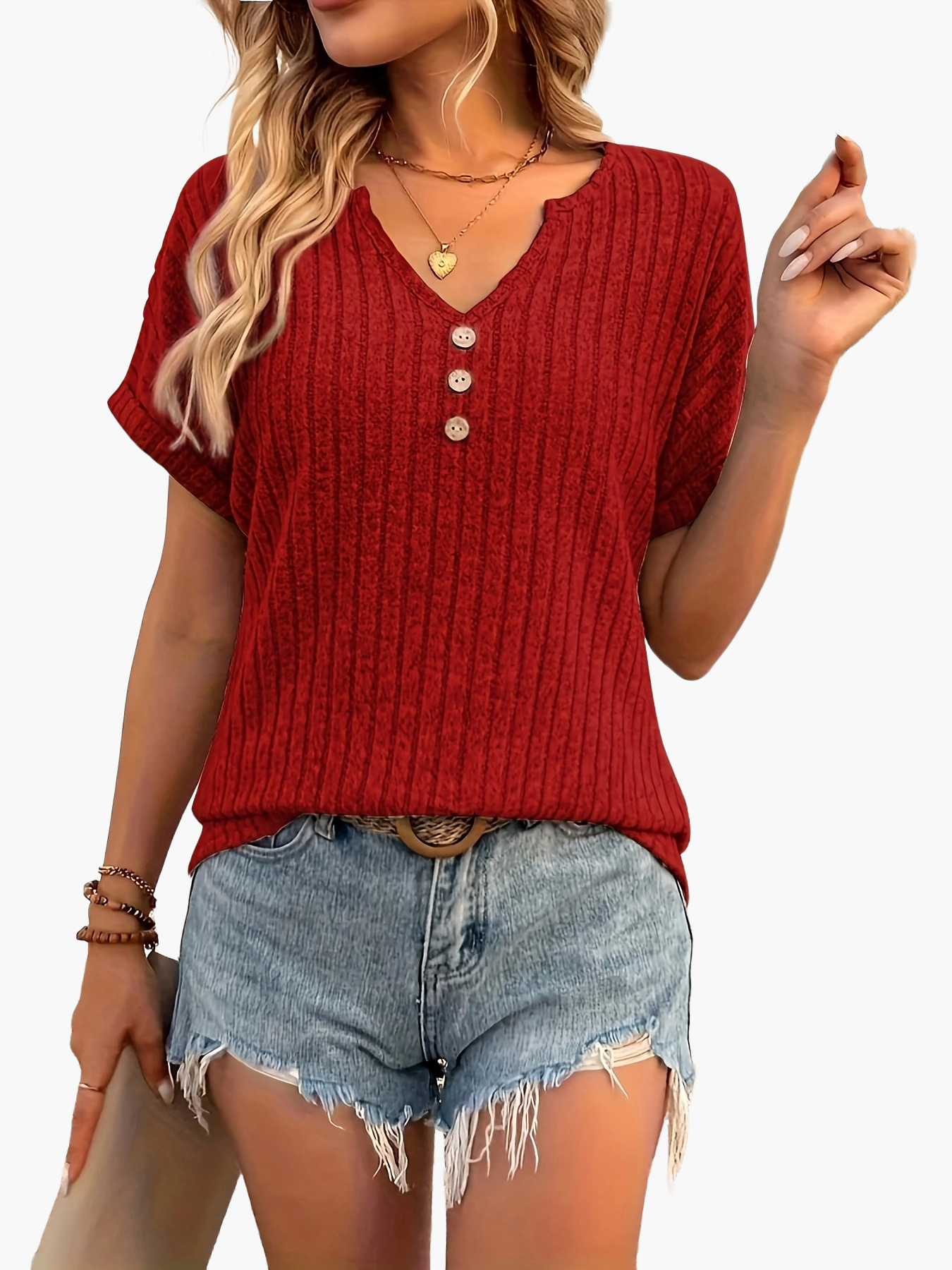 Damen Sommer Strickshirt mit Knopfleiste und V-Ausschnitt – Lässiges Freizeit Oberteil