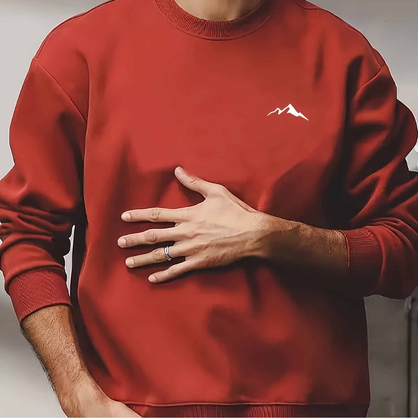 Men's long-sleeve shirt with mountain design, warm lining, crew neck, soft fleece interior