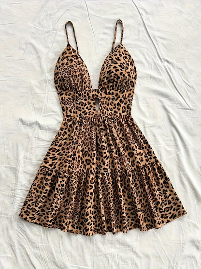 Damen Sommer Mini Kleid Leopardenmuster – Ärmellos, Cut-Out, Freizeit & Strand