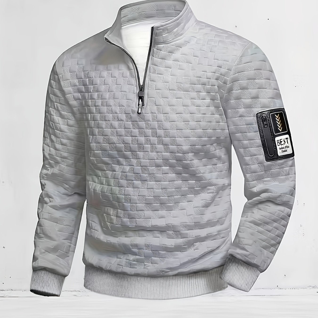 Stehkragen Pullover Herren mit Reißverschluss, gesteppt, einfarbig
