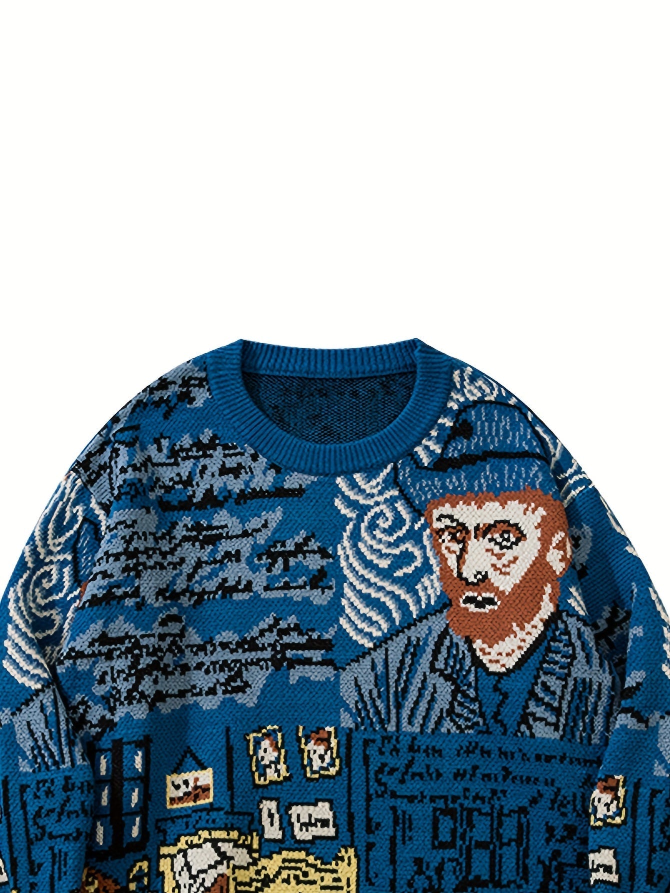 Strickpullover mit Kunstmotiv, Rundhalsausschnitt, Blau, Unisex