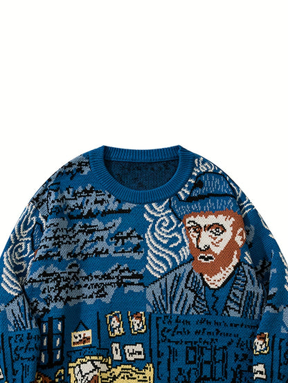 Strickpullover mit Kunstmotiv, Rundhalsausschnitt, Blau, Unisex
