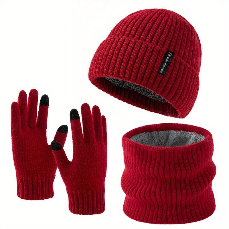 Rib-knit beanie, infinity scarf, and gloves set, black, winter, men’s and women’s