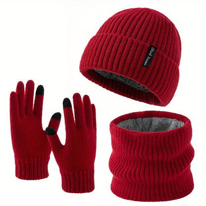 Rib-knit beanie, infinity scarf, and gloves set, black, winter, men’s and women’s
