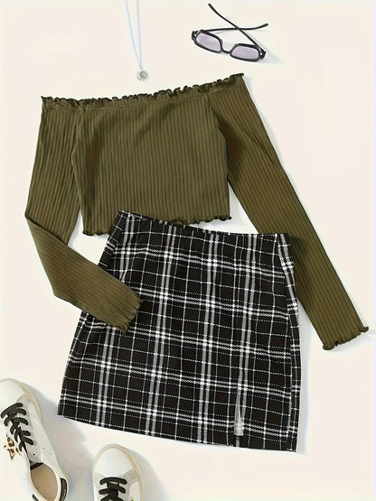Women's Set Elegant Off-Shoulder Top and Plaid Mini Skirt – Perfect for Spring & Summer