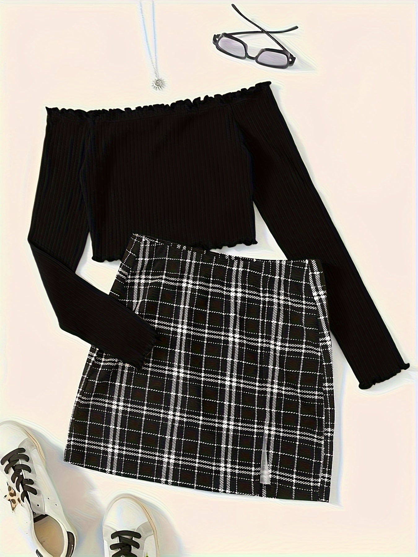 Women's Set Elegant Off-Shoulder Top and Plaid Mini Skirt – Perfect for Spring & Summer