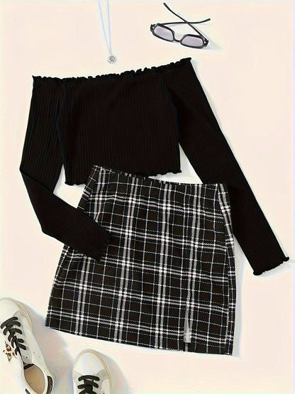 Women's Set Elegant Off-Shoulder Top and Plaid Mini Skirt – Perfect for Spring & Summer