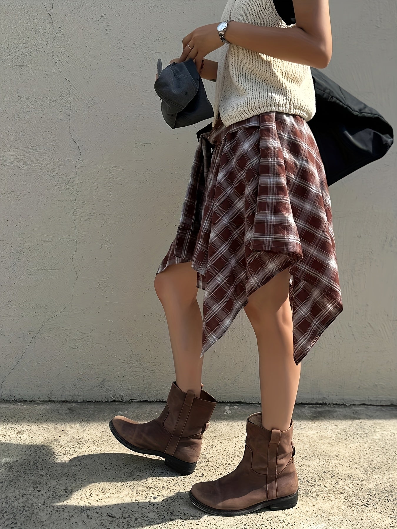 Women's Asymmetric Street-Style Skirt with Checkered Pattern and Knot Detail – Urban Casual Look