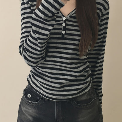 Damen Langarmshirt gestreift mit Knopfleiste