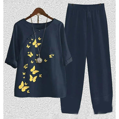 Women's casual set in Japanese style with dragonfly print – two-piece, comfortable for everyday & travel