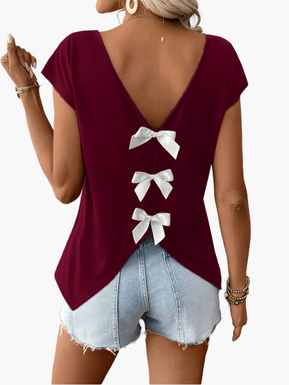 Women's Shirt with Back Cutout and Bows – Fashionable Casual Top for Spring & Summer