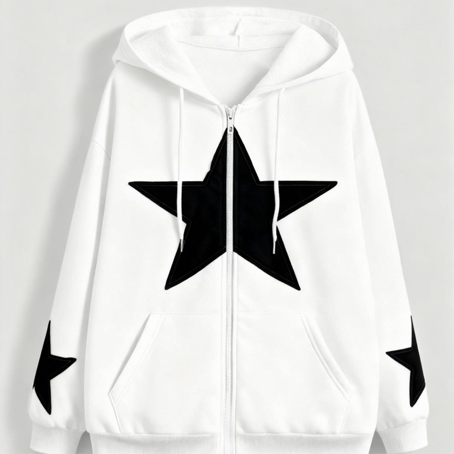 Unisex Kapuzenjacke mit Reißverschluss, Oversize, Stern-Applikationen, Kordelzug, Kängurutaschen