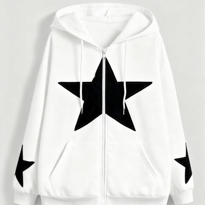 Unisex Kapuzenjacke mit Reißverschluss, Oversize, Stern-Applikationen, Kordelzug, Kängurutaschen