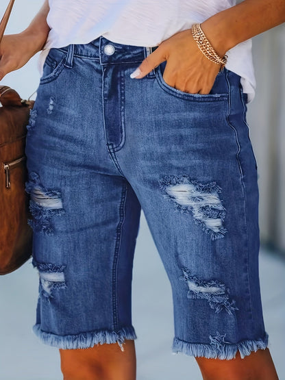 Women's Bermuda Denim Shorts in Used Look with Fringes – Casual Summer Fashion for Leisure and Everyday Wear