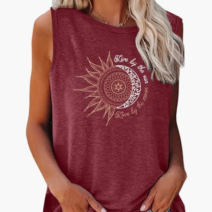Women's Boho-Style Tank Top with Sun and Moon Print – Summer Casual Shirt
