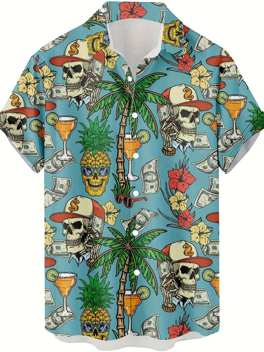 Herren Hawaiihemd mit Totenkopf, Geld und Cocktail Print – Sommer Party Kurzarm Hemd
