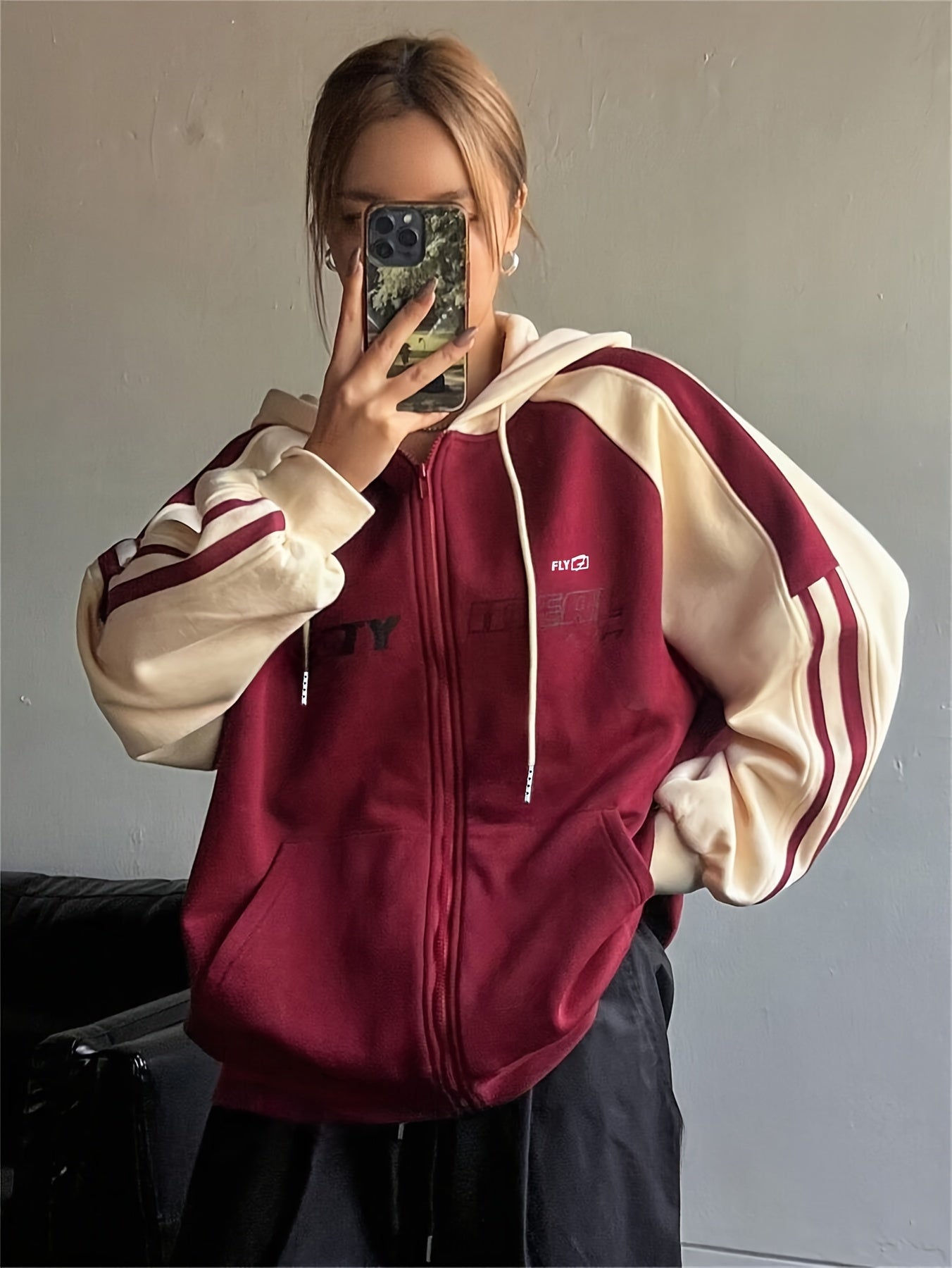 Unisex Kapuzenpullover mit Reißverschluss und Streifen-Design, Rot-Creme