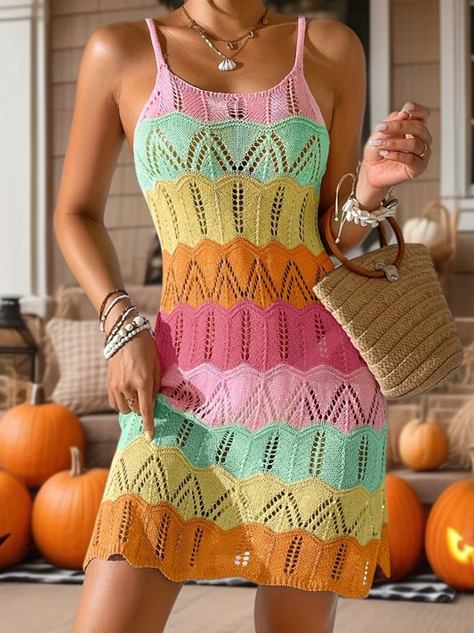Women's Boho Mini Summer Dress with Chevron Pattern, Beach and Vacation Outfit
