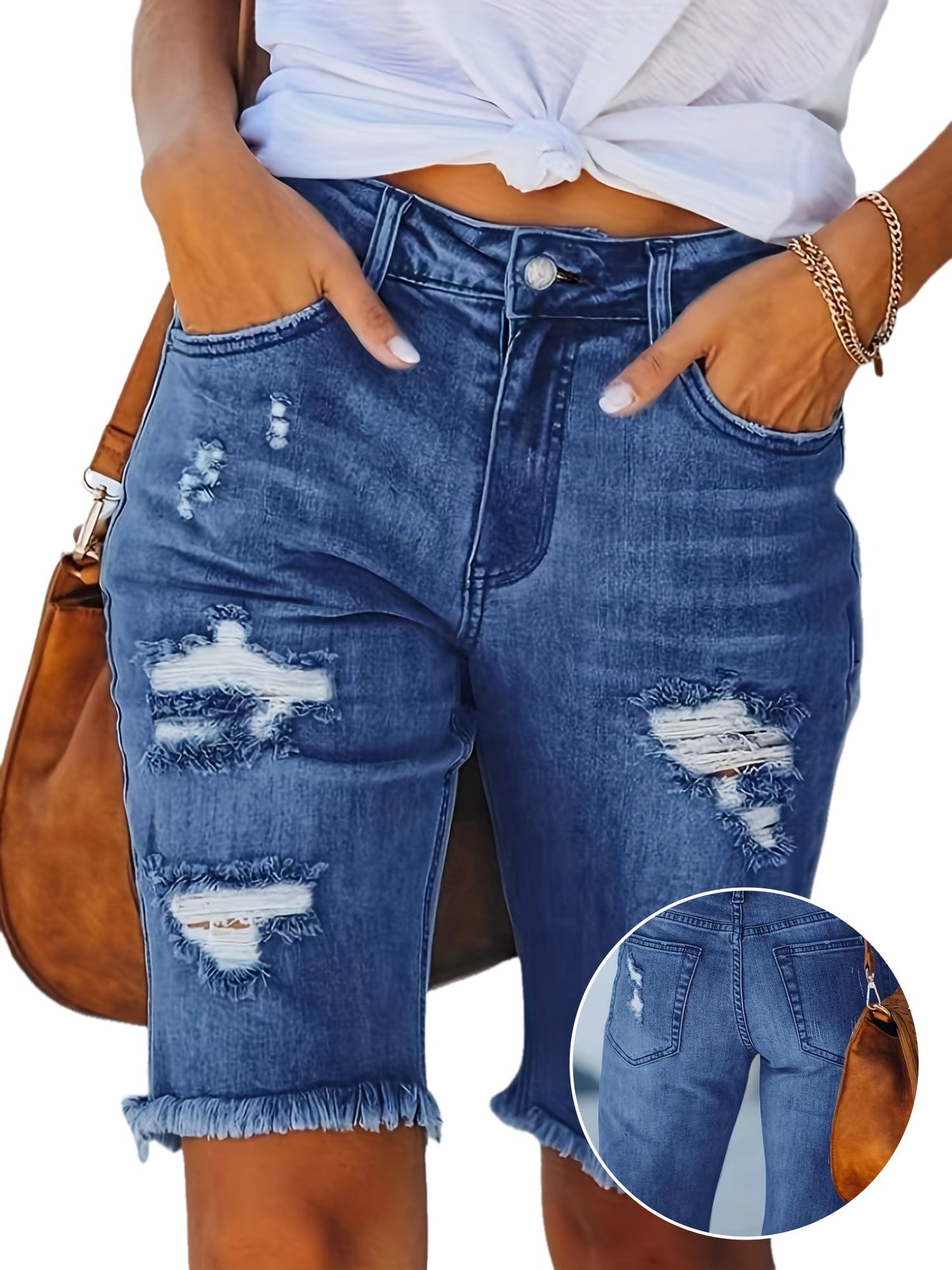 Women's Bermuda Denim Shorts in Used Look with Fringes – Casual Summer Fashion for Leisure and Everyday Wear