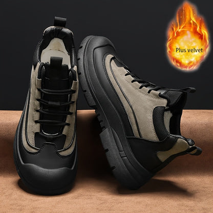 Men's sneakers, mid-top shaft, black and khaki, sturdy sole, lace-up closure