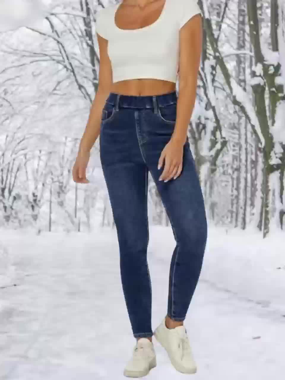 Lined women's skinny-fit jeans, dark blue stretch thermal jeans