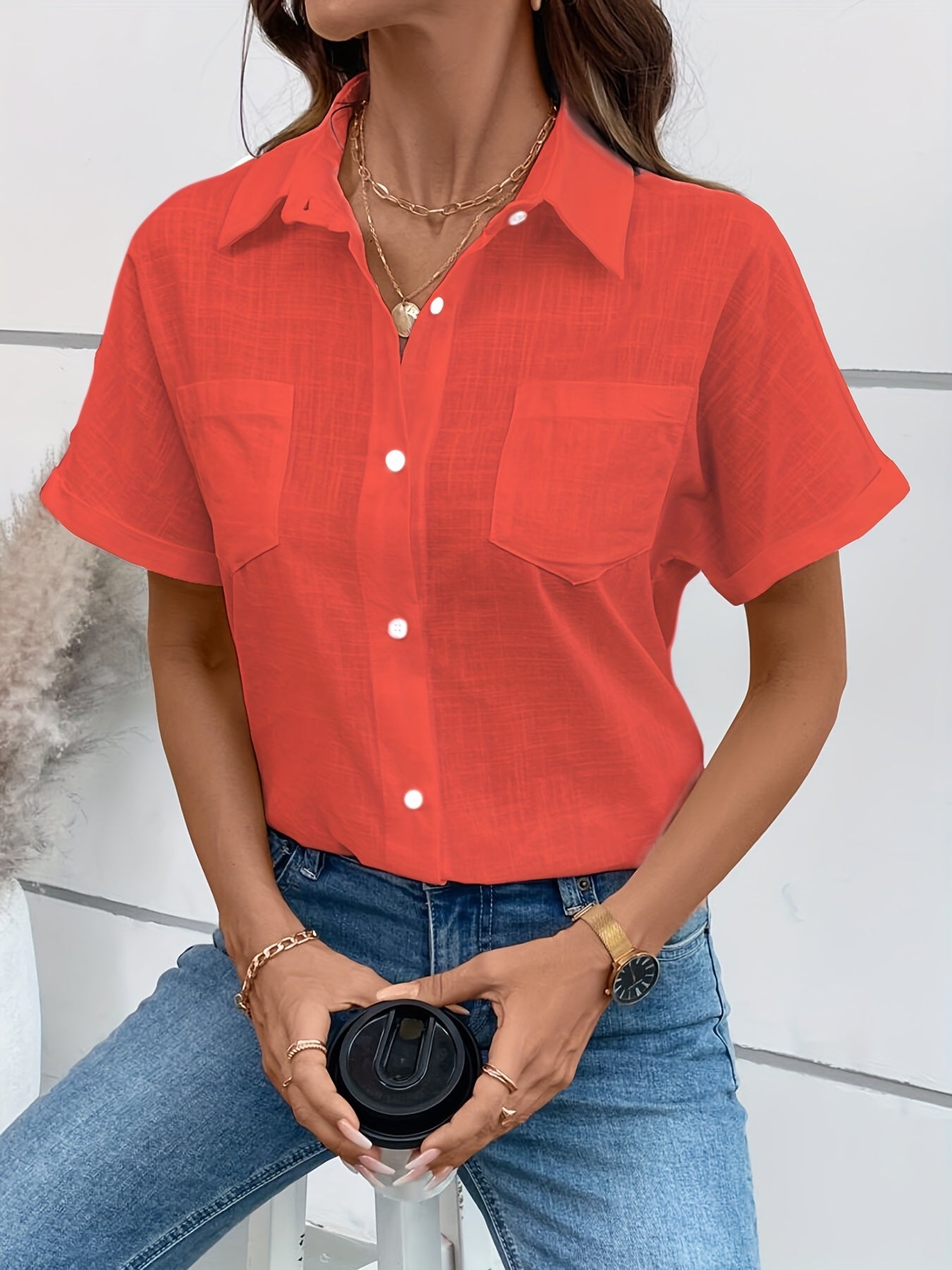 Women's Short-Sleeve Blouse with Bird Print and Chest Pocket – Fashionable Casual Shirt