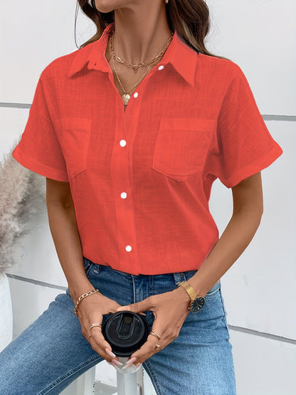 Women's Short-Sleeve Blouse with Bird Print and Chest Pocket – Fashionable Casual Shirt